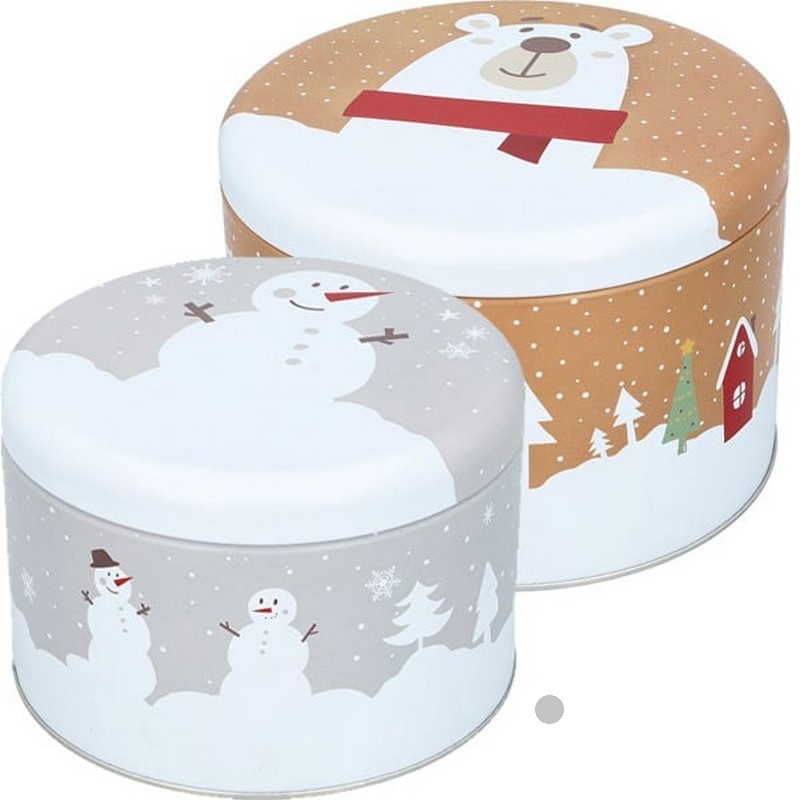 Scatola in latta cilindrica natalizia grigia da cucina decorata con pupazzi di neve in paesaggio innevato, adatta al contatto con gli alimenti